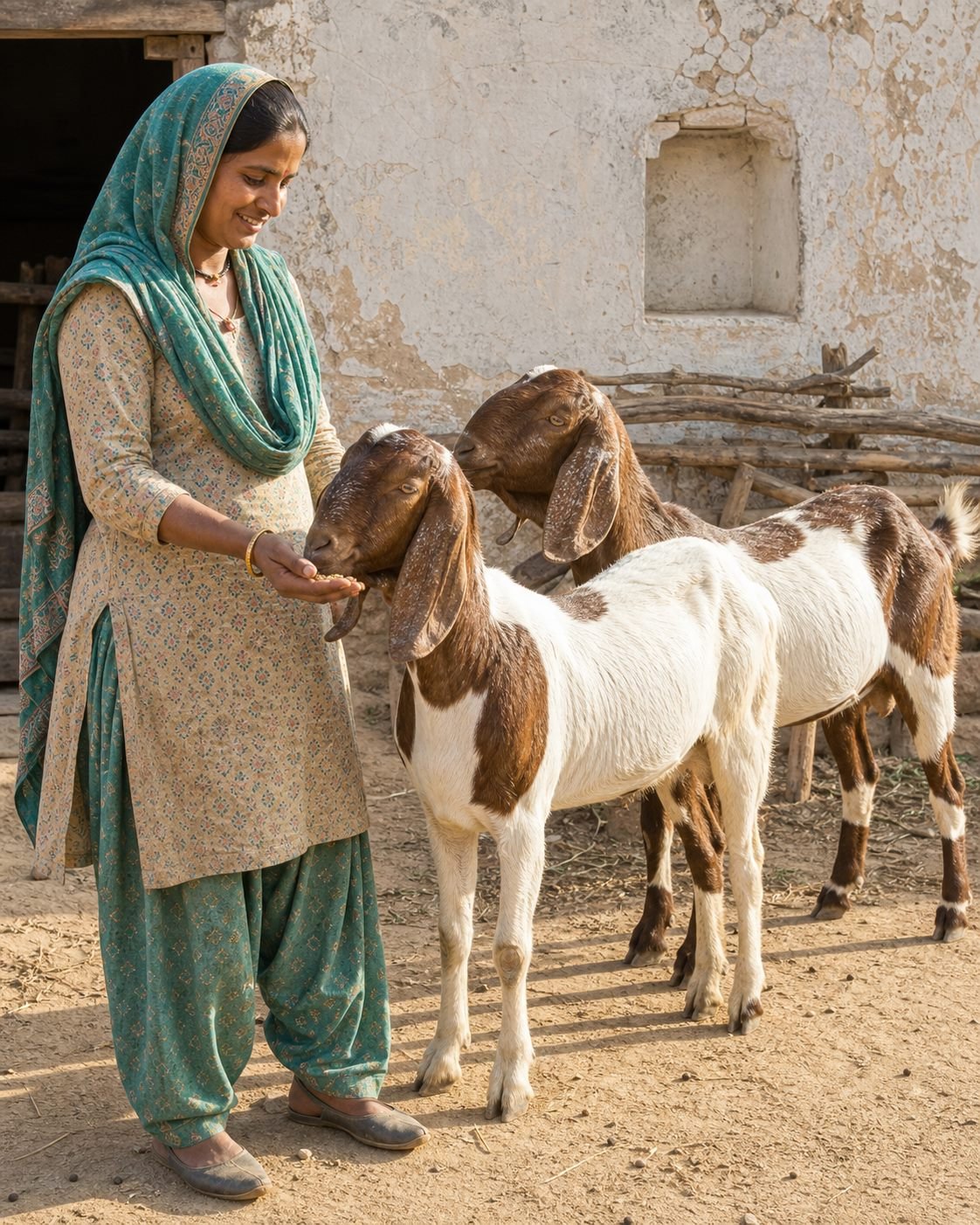 Rural woman feeding two goats in a Rajasthan farm courtyard